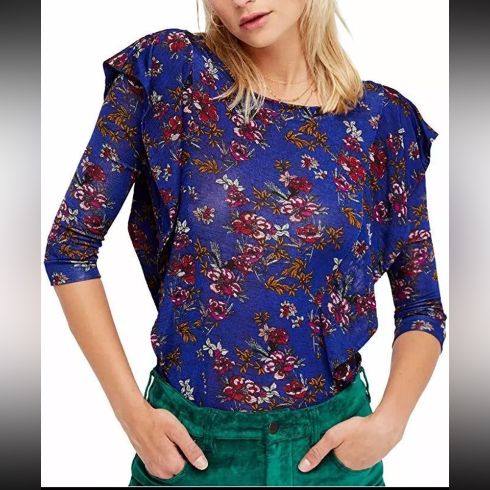 Free People Women's Dock Street Floral Print Ruffle Blouse Size medium